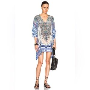 Camilla Blue White multicolor bejeweled Rainbow warrior Kaftan mini dress OS NWT